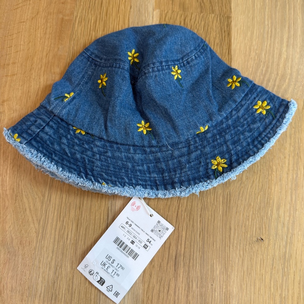 zara Denim Bucket Hat with Yellow Floral Embroidery